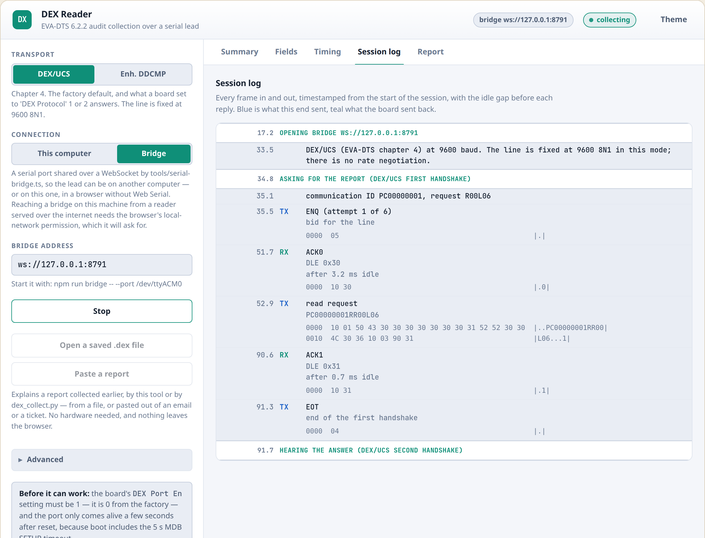 The reader mid-collection, streaming the session log as the transfer runs