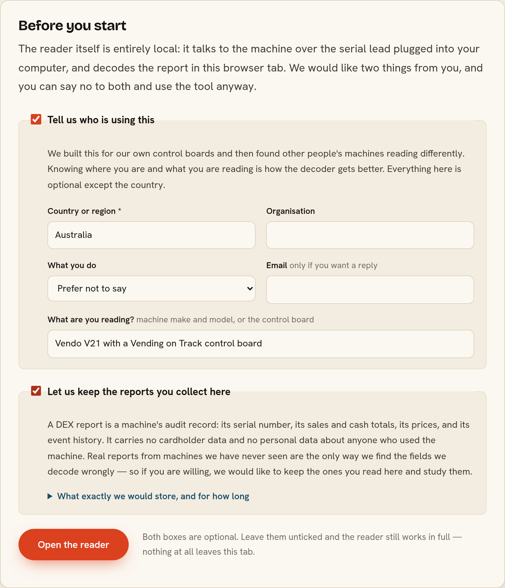 The consent form: two independent, optional boxes above the tool