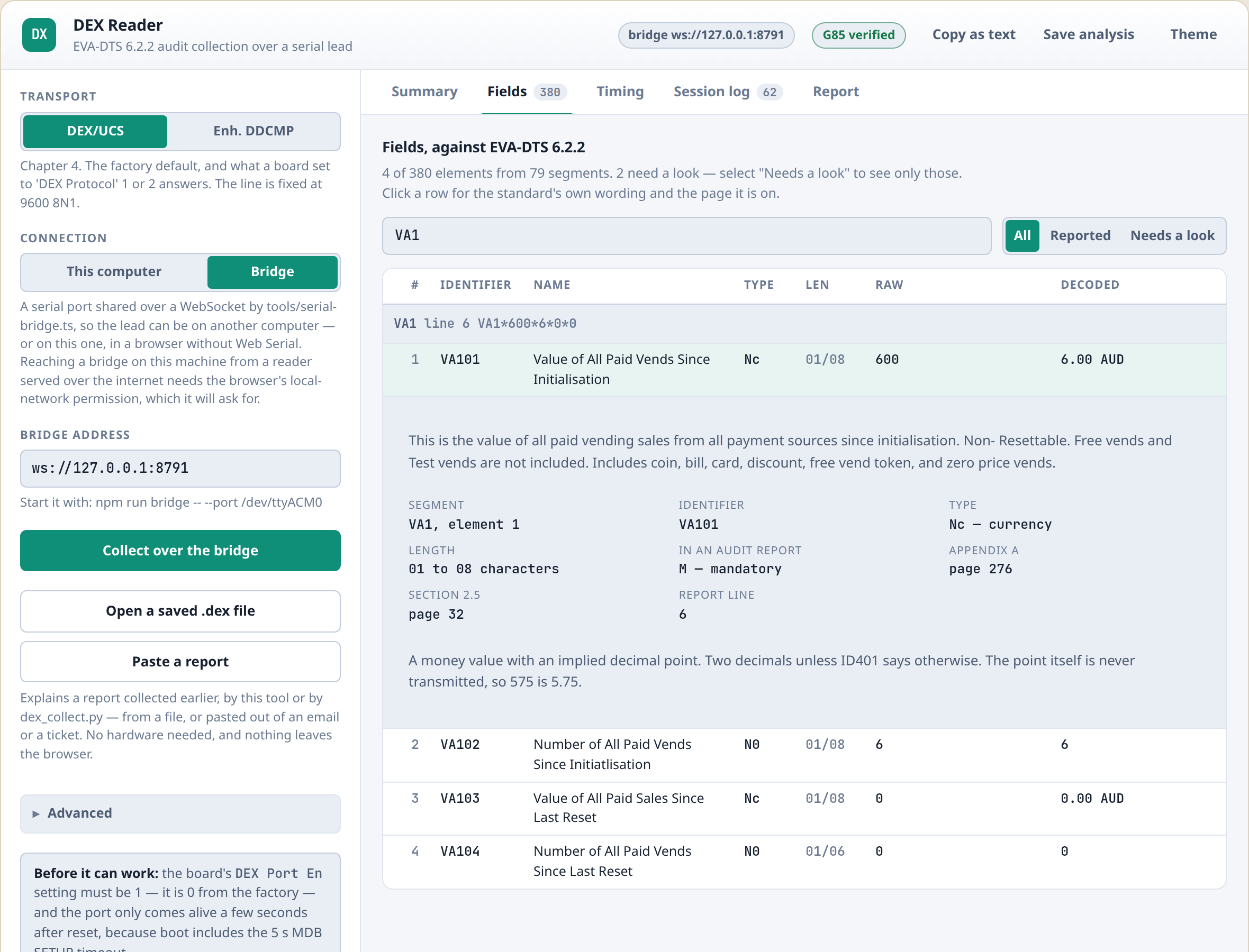 The fields view, with element VA101 expanded to show the standard’s own wording and its appendix A page