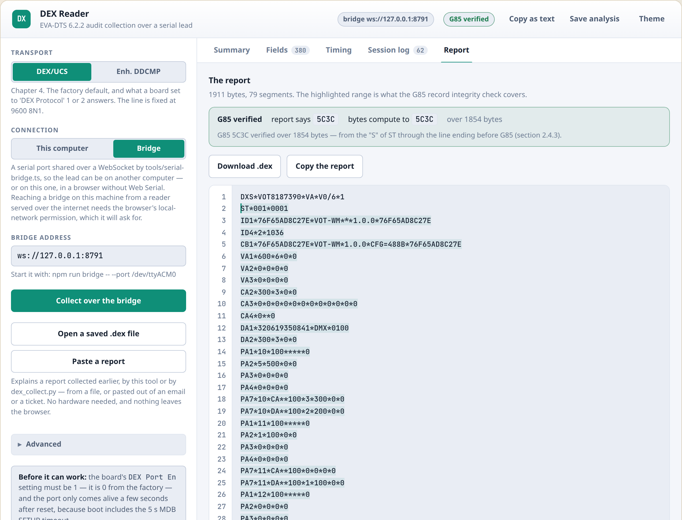 The report view, showing the raw EVA-DTS text with its G85 integrity check