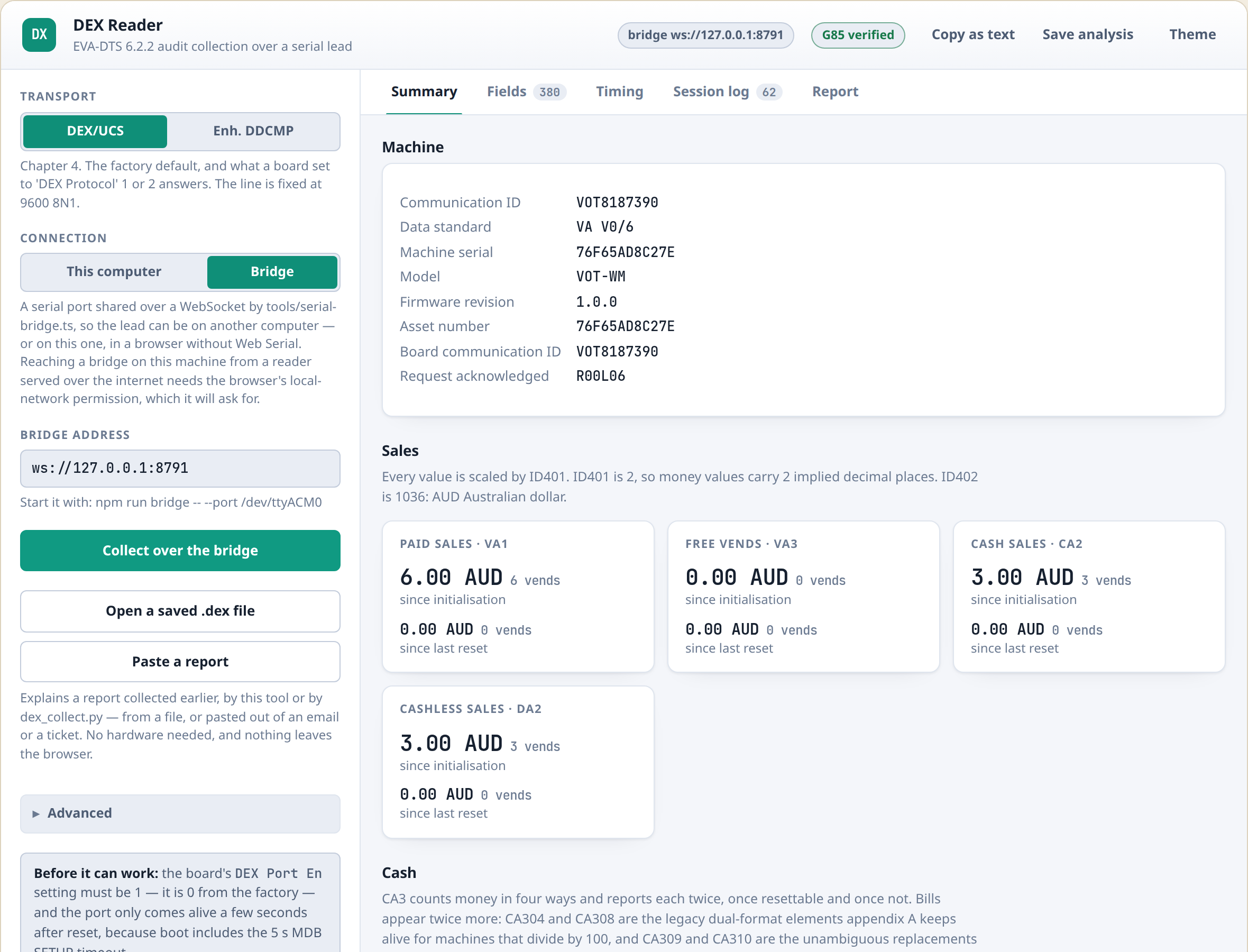 The DEX reader’s summary view, showing machine identity, sales roll-ups, cash and a per-selection table